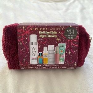 🚫SOLD🚫NWT BAG ONLY Sephora Holiday Sherpa Cosmetic Pouch Burgundy/Maroon Gold